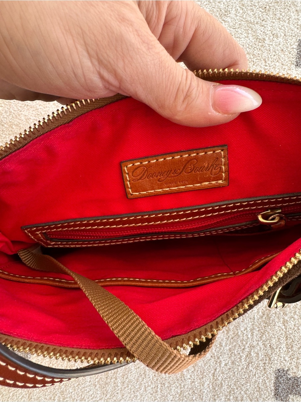Dooney & Bourke Dark Brown Suede Crossbody Bag with Tan Trim - Picture 9 of 15